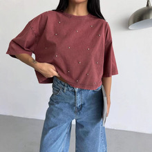 欧美2025夏季新款显瘦做旧百搭镶钻圆领休闲短款短袖T恤女装批发