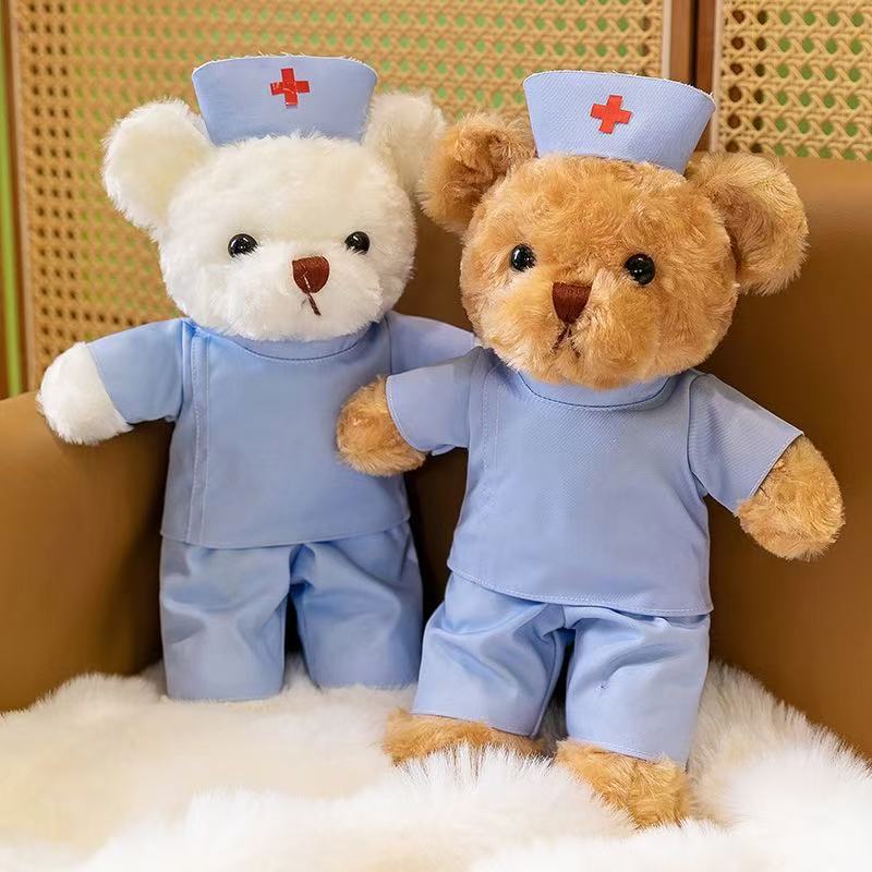 Médico traje de enfermera oso de peluche muñeca de peluche uniforme de enfermera osito puede imprimir logotipo regalo de evento de oso