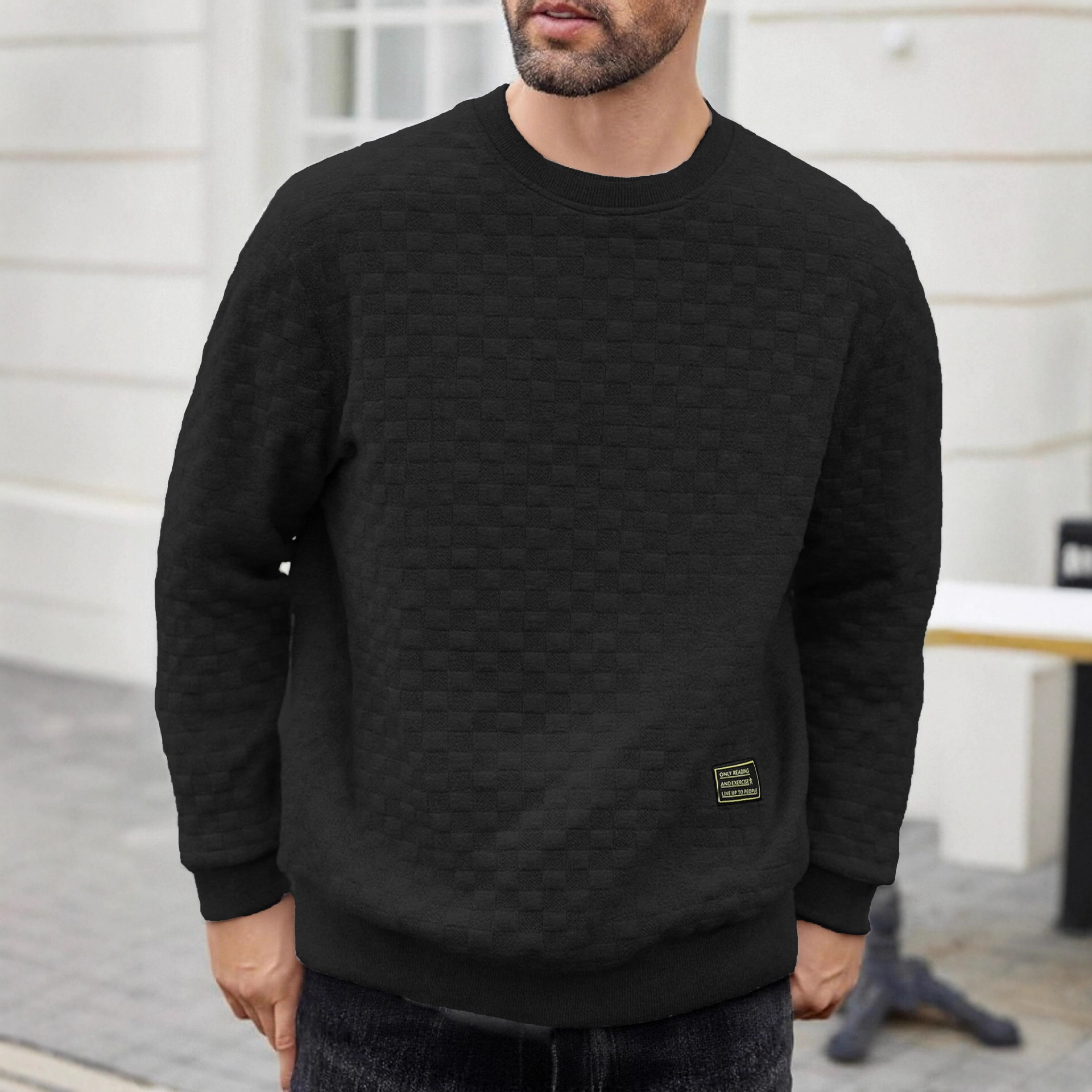 Nuevo comercio exterior de tamaño europeo otoño y invierno delgado cuello redondo cuadrícula de manga larga personalidad europea y americana camiseta legging casual para hombres