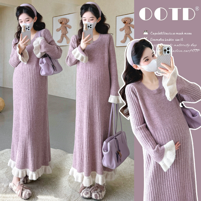 Real Shot~Autumn and Winter New Sweater Knitted Maternity Dress Lace Pit Strip Contrasting Loose Bottoming Skirt Real Shot~Autumn and Winter New Sweater Knitted Maternity Dress Lace Pit Strip Contrasting Loose Bottoming Skirt