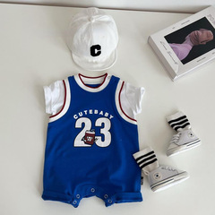 ins夏嬰幼兒連體衣男寶帥氣假兩件設計籃球短爬哈衣外出爬服0037