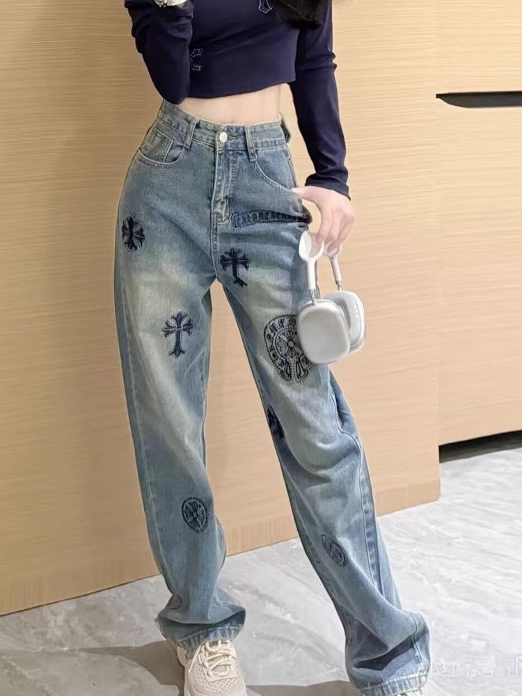 2025年秋季重工十字架牛仔直筒裤女高腰显瘦通勤拖地长裤潮流