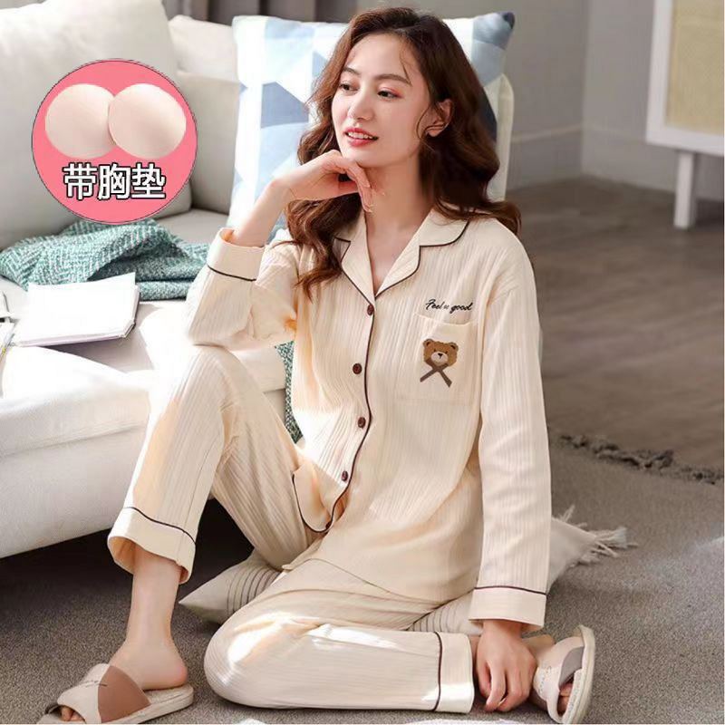De una sola pieza almohadilla en el pecho otoño 100% pijamas de algodón Pantalones de manga larga de primavera y otoño de las mujeres anti-golpe de gama alta traje de desgaste para el hogar