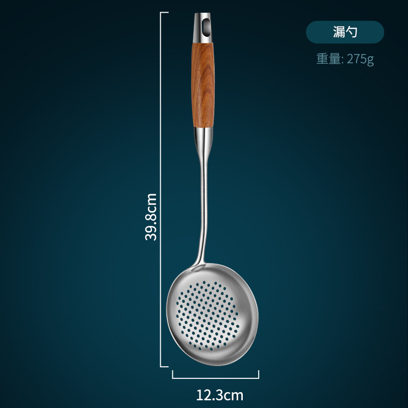 304 espátula de acero inoxidable utensilios de cocina traje de cocina pala hogar palo de rosa mango de madera cuchara de sopa de acero inoxidable colador freír pala