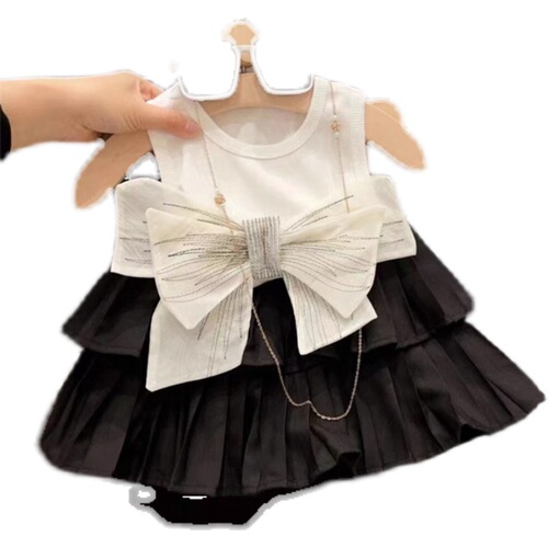 Chic 2024 Summer New Arrival Set for Girls - Korean Style Tank Top with Bow, Princess Cake Short Skirt Two-Piece Set