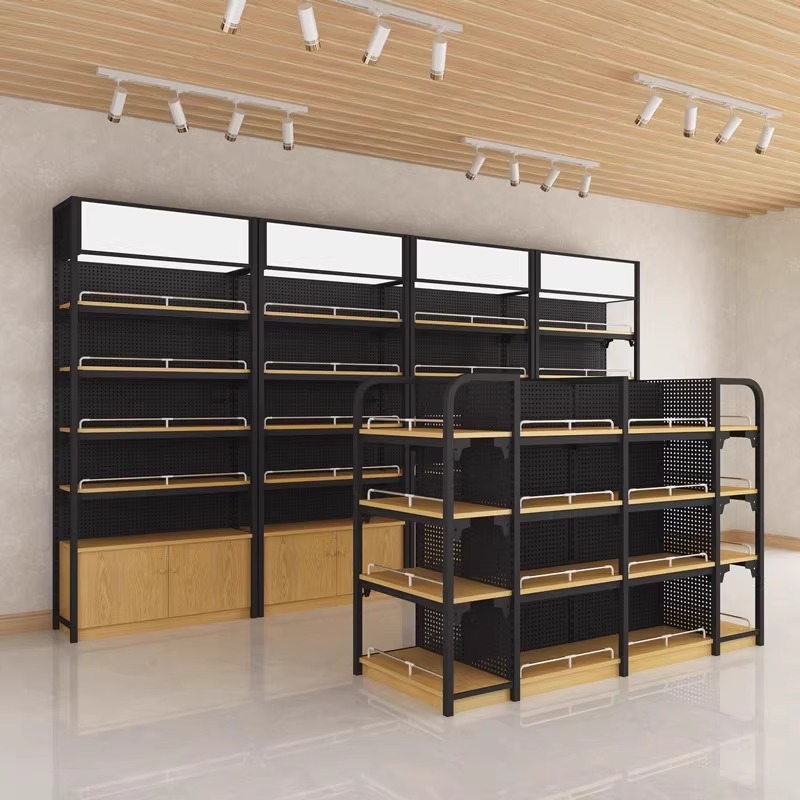 Estantes de supermercado de madera de acero estantes de exhibición de tablero de agujero tiendas de conveniencia papelería tiendas de bebés y tabaco estantes de exhibición de bocadillos multicapa