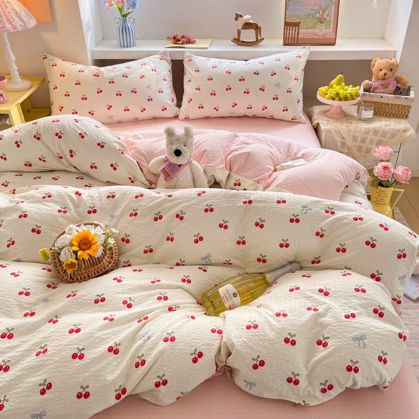 Cherry feast [class a maternal and infant grade puff yarn] / 【flat sheet style】0.9 three-piece set - duvet cover 150x200 cm