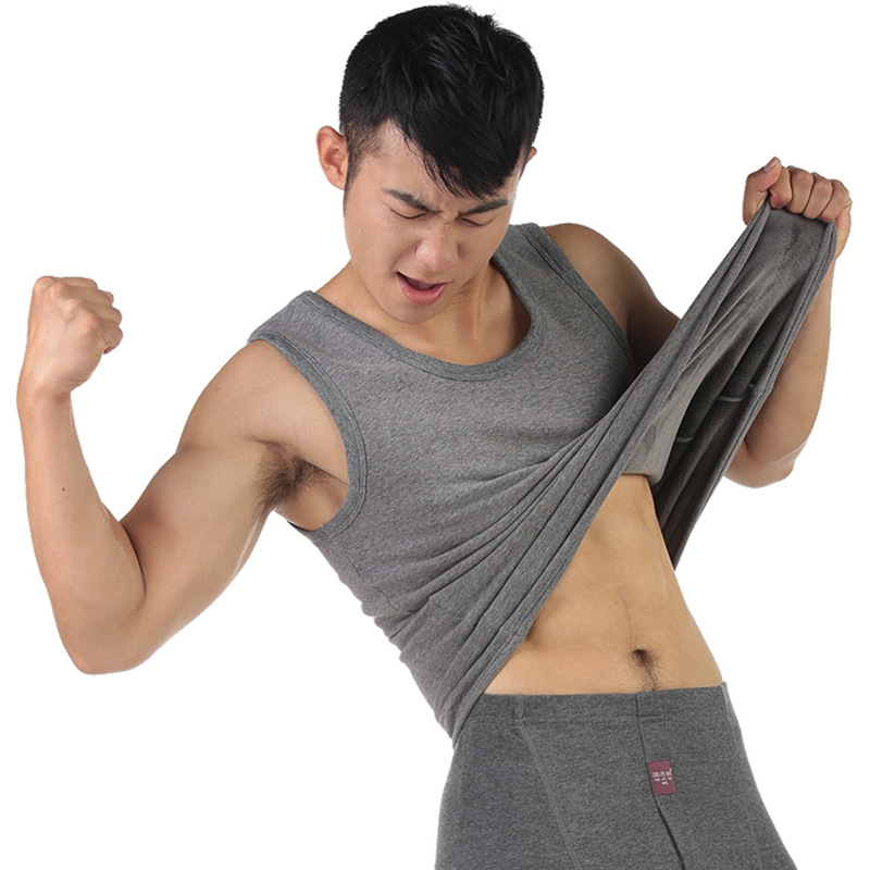 겨울 남성 열 조끼 두꺼운 벨벳 라운드 넥 밀착 피팅 비 떨어지는면 바닥 셔츠 속옷 조끼