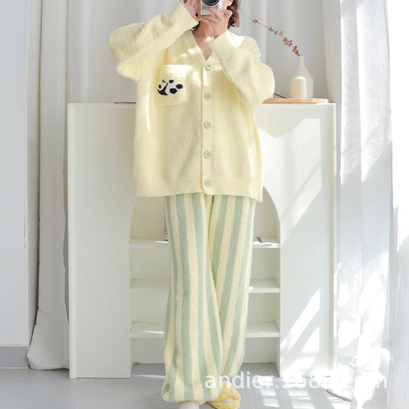 New cardigan pajamas women's round neck pullover warm casual long sleeve autumn and winter trousers home wear feather yarn can be worn outside