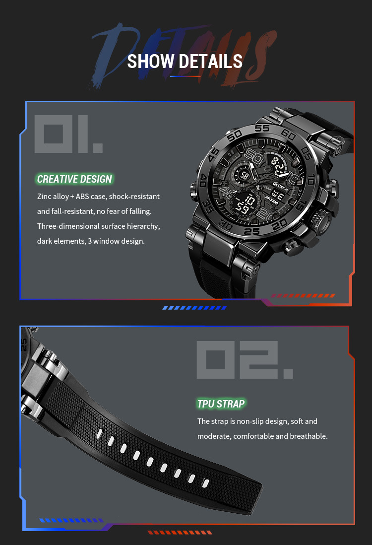 STRYVE Sports Colorful Luminous Chronograph Electronic Waterproof Wrist Watch Metal Case Multifunctional Student Watch 8030_voghion.com