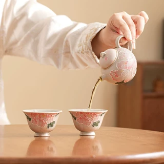 手绘牡丹花陶瓷茶壶家用过滤杯一壶二杯茶具套装功夫伴手礼盒装