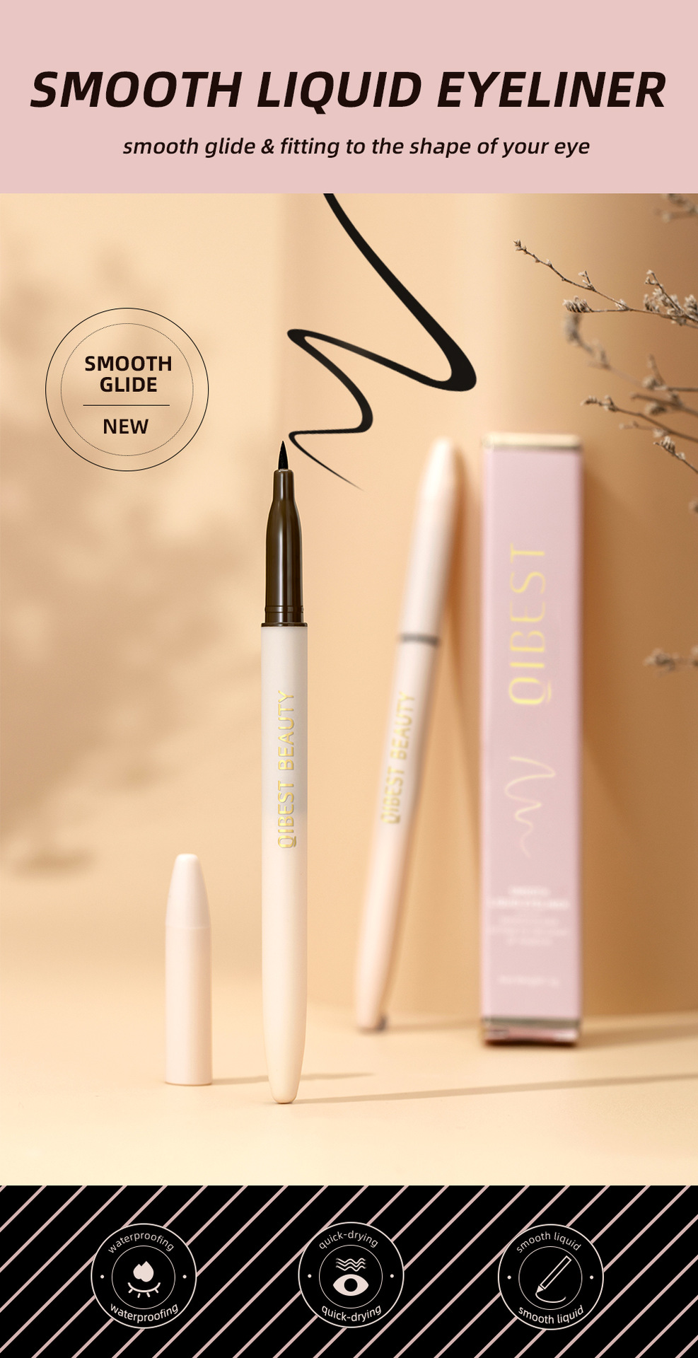 QIBEST eyeliner liquid pen is waterproof, sweat-proof, does not smudge, does not smudge makeup, and is a dark eyeliner pen that dries quickly for beginners details Picture