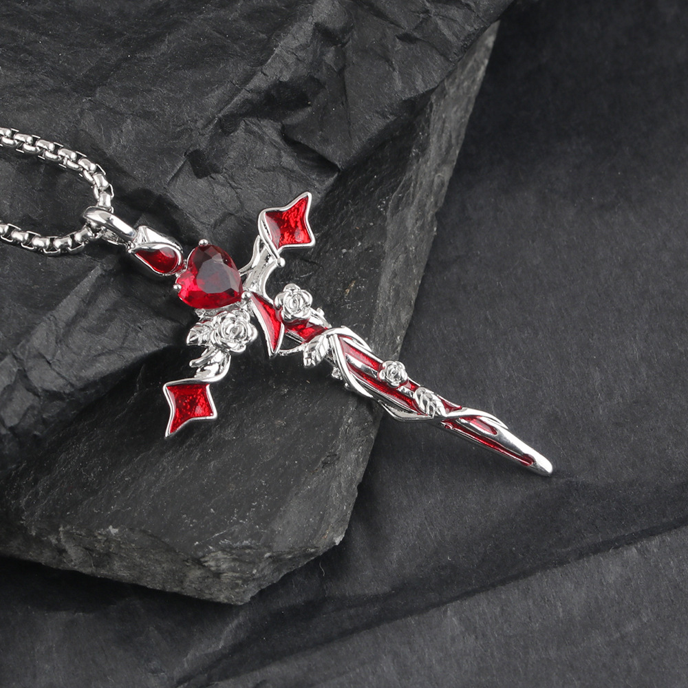 Men's Thorn Rose Cross Necklace, Personalized Rhinestone Pendant_voghion.com