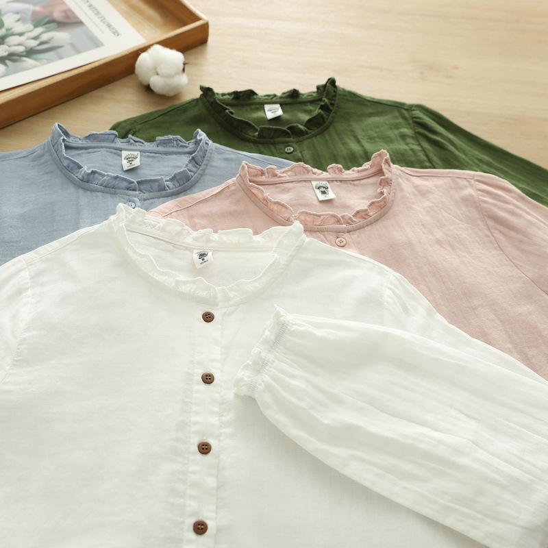 Direct Sale from the Manufacturer: Japanese-Style Ruffled Lace Collar Long-Sleeve Women's Shirt, Double-Layer Cotton Gauze, Artistic Loose-Fitting Women's Blouse Direct Sale from the Manufacturer: Japanese-Style Ruffled Lace Collar Long-Sleeve Women's Shirt, Double-Layer Cotton Gauze, Artistic Loose-Fitting Women's Blouse