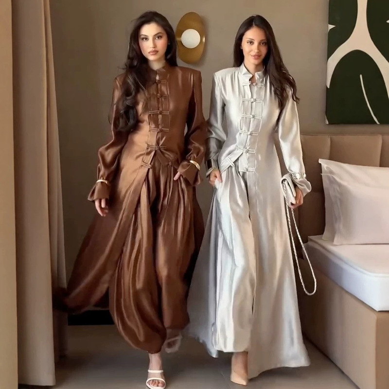 Chinese-Style Buttoned Two-Piece Set for Women, Stand-Collar Long-Sleeve Jacket and Wide-Leg Pants, Gray, 2026 Spring Casual Wear Chinese-Style Buttoned Two-Piece Set for Women, Stand-Collar Long-Sleeve Jacket and Wide-Leg Pants, Gray, 2026 Spring Casual Wear