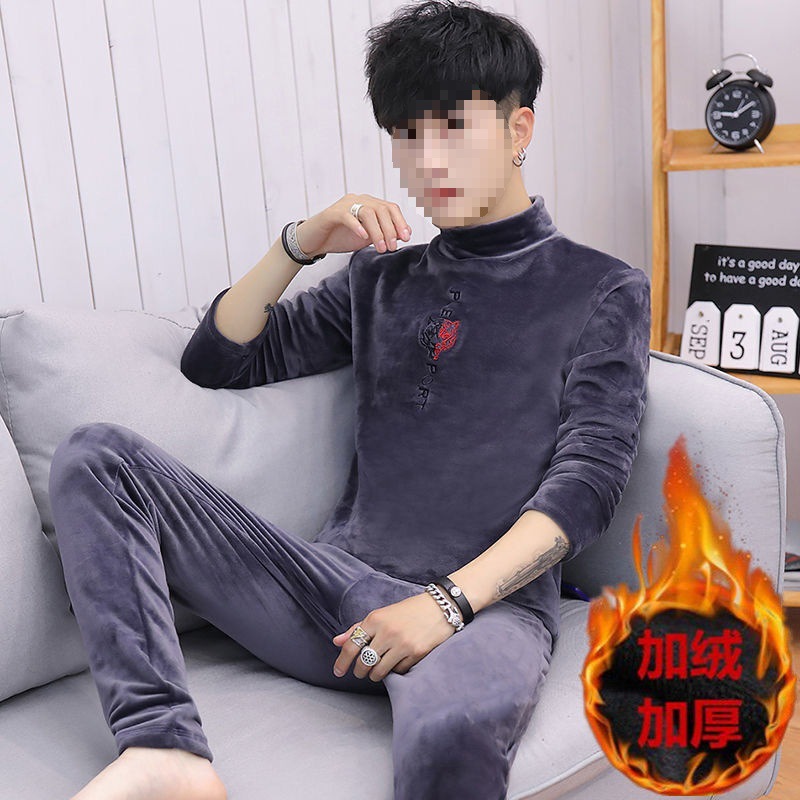 Teenagers Winter Thermal Underwear Set Men Plus Velvet Thickened Warm Underwear Double-Sided Super Velvet Men's Pajamas Acrylic