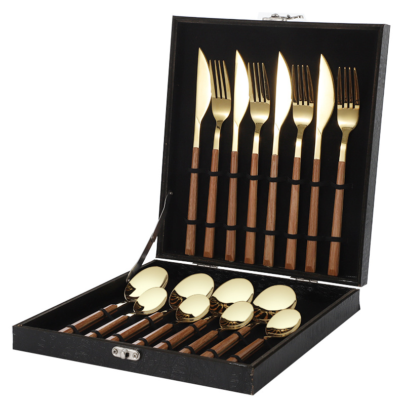 Mango de clip de grano de madera Cuchillo, tenedor y cuchara de acero inoxidable de estilo japonés Traje de vajilla occidental Cuchillo de carne de 16 piezas, tenedor y cuchara Juego de vajilla de 12 piezas
