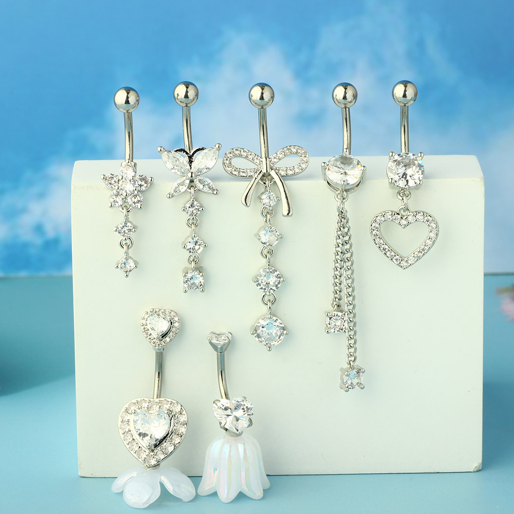 Amazon Hot Sale 5PCS Silver Navel Ring Set Stainless Steel Super Flash CZ Belly Button Jewelry detail image 6