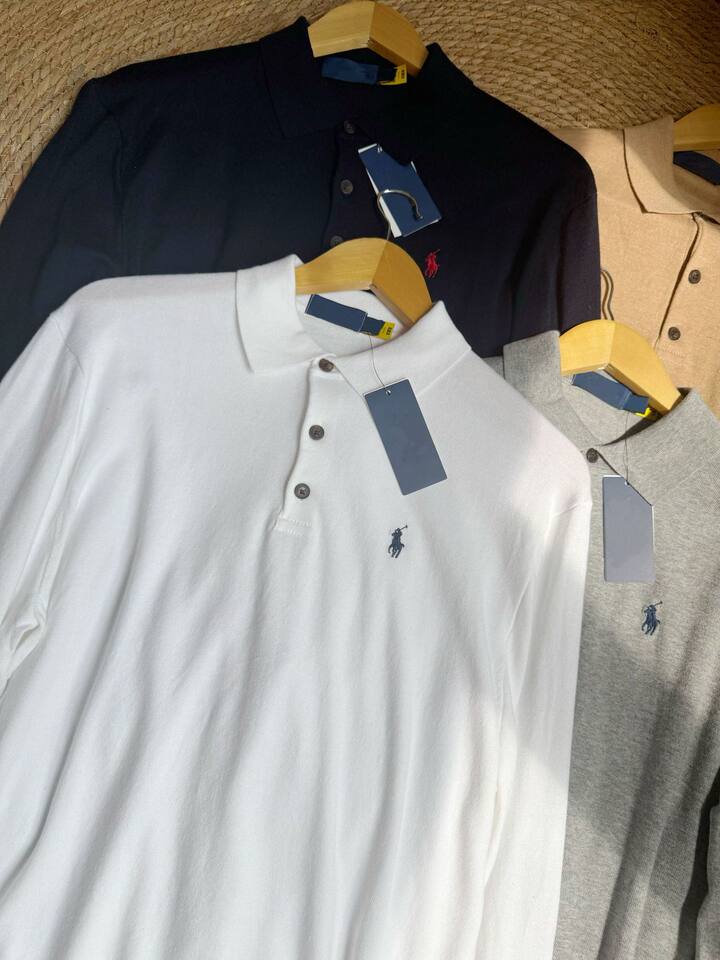 Áo polo nam dài tay cotton thêu hình ngựa nhỏ, cổ bẻ ba cúc, phong cách công sở — Màu kaki, Màu trắng, Màu xanh tím than, màu xám