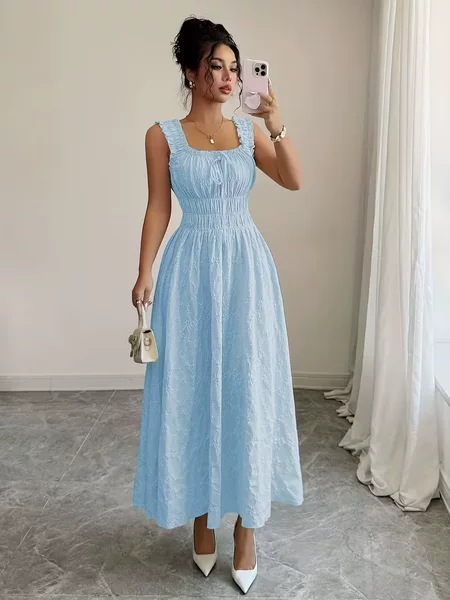 2026 Summer New Cross-Border Foreign Trade Elegant and Stylish Spaghetti Strap Square Neck Sleeveless Solid Color Mid-Length Dress