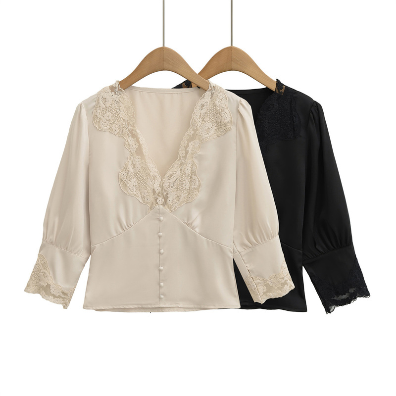 High-End Lace V-Neck Spliced ​​Satin Shirt for Women Summer New Style Puff Sleeve Elegant Waist French Short Top