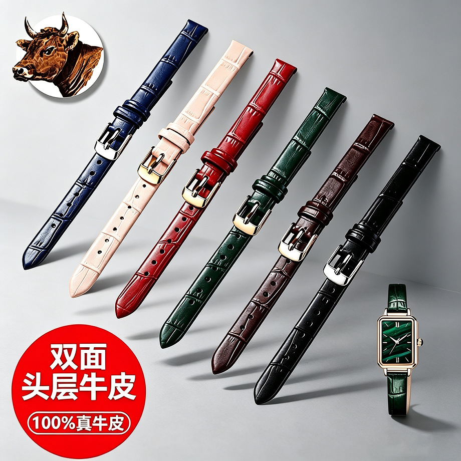 Double-sided leather bamboo watch strap