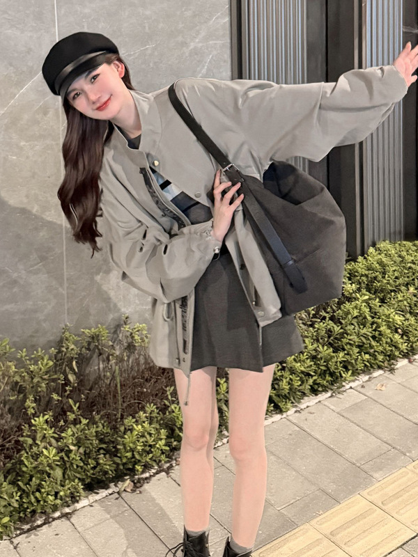 韩系高级感抽绳立领风衣外套女春秋季2025新款小个子夹克短款上衣|undefined
