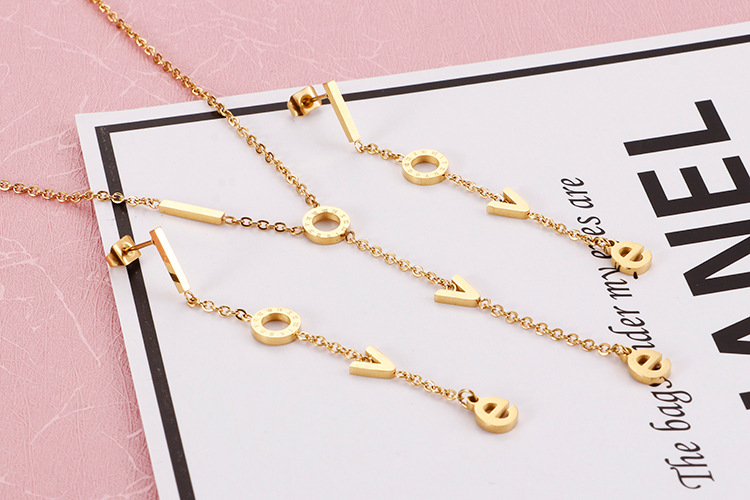 Korean fashion necklace earrings two-piece letter LOVE ladies stainless steel jewelry set