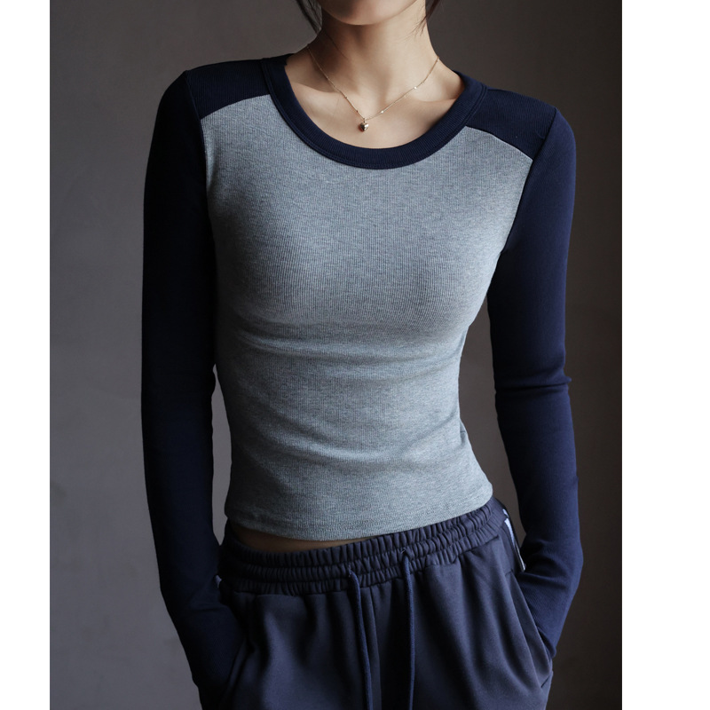 High-Quality Pure Cotton Round Neck Contrasting Raglan Sleeve Bottoming Shirt for Women in Autum with Slimming Look Popular Long-Sleeved T-Shirt Top High-Quality Pure Cotton Round Neck Contrasting Raglan Sleeve Bottoming Shirt for Women in Autum with Slimming Look Popular Long-Sleeved T-Shirt Top