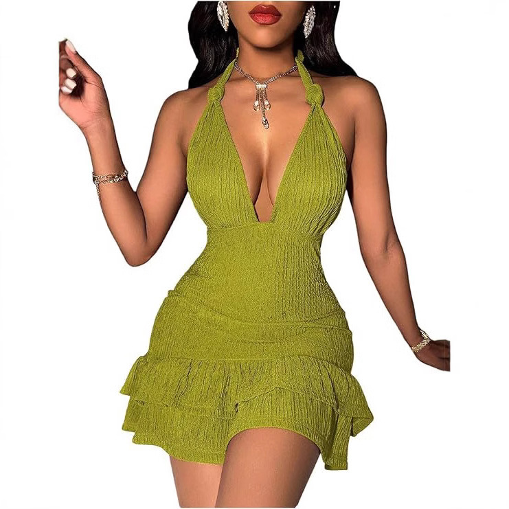 European and American Women's Summer Sling Tight Mini dress Sexy Deep V Pleated Party Cocktail Sling Strap