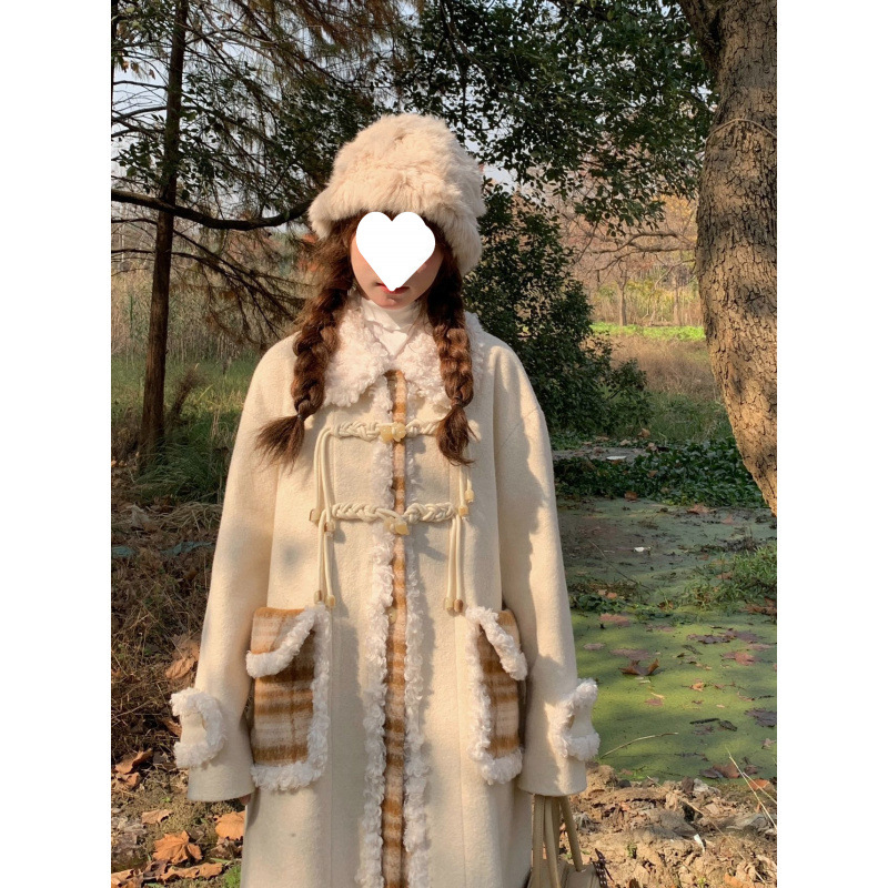 가을과 겨울 새로운 격자 무늬 바느질 우유 살구색 모직 코트 틈새 올 매치 코트 달콤한 우아한 디자인 세트