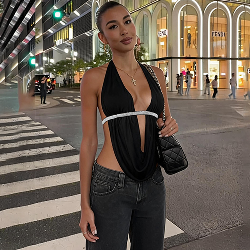 European and American Ins-Style Cross-Border New Women's Fashion Tie-Up Halter Neck Sexy Deep V-Neck Backless Top Tank Top Wholesale European and American Ins-Style Cross-Border New Women's Fashion Tie-Up Halter Neck Sexy Deep V-Neck Backless Top Tank Top Wholesale