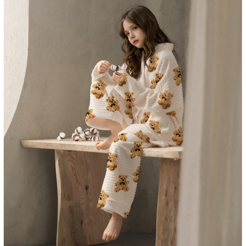 Autumn and Winter Pajamas Female Coral Velvet Teenagers Big Kids Can Wear Coral Velvet Loose Junior High School Senior high school Students Home Clothes