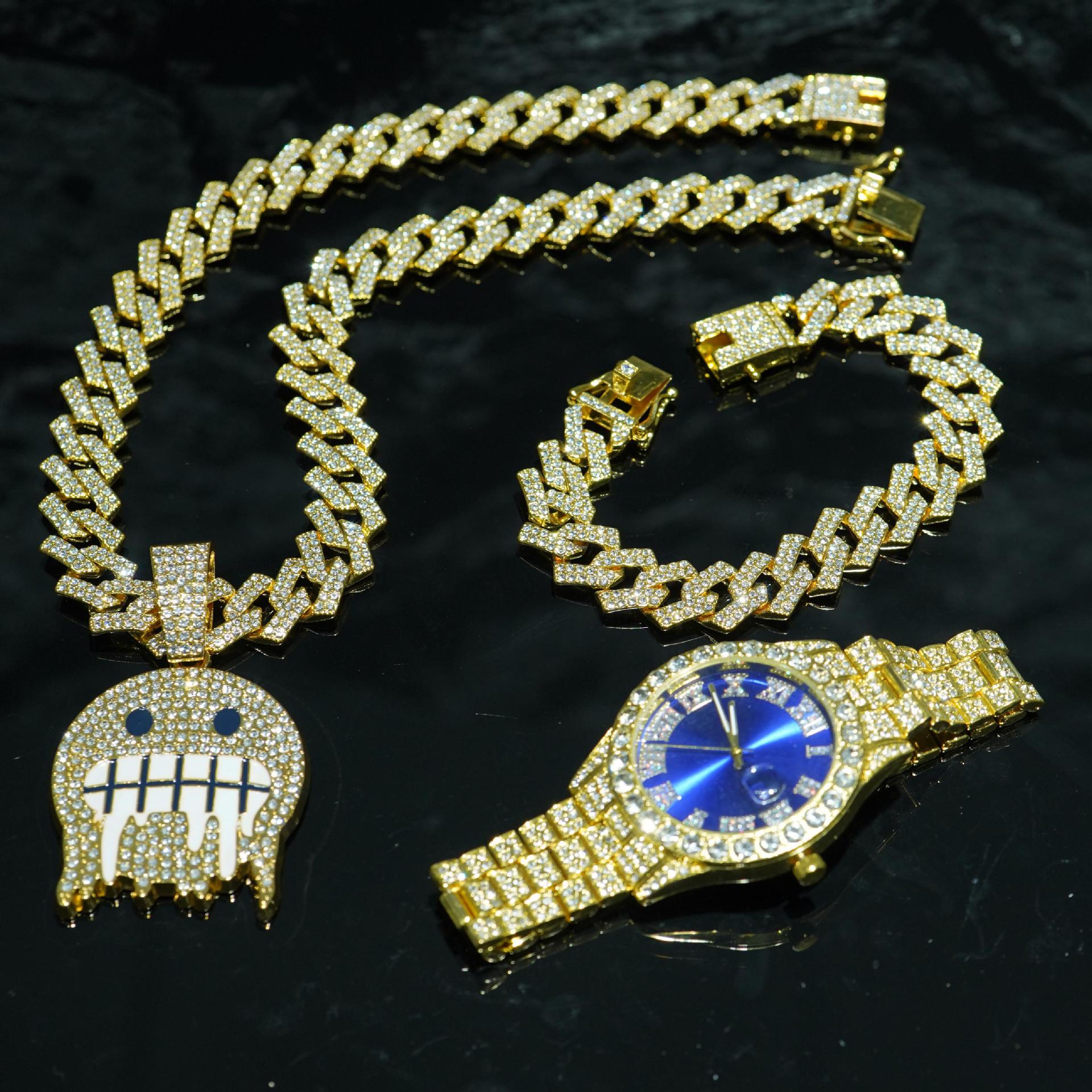 Aleación de alta calidad de moda de diamante de hielo cara colgante de collar de cadena cubana pulsera color reloj conjunto de joyas