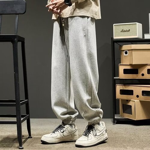 Grey men's spring and autumn loose tie-down pants American streetwear brand long pants sports pants men's autumn casual pants