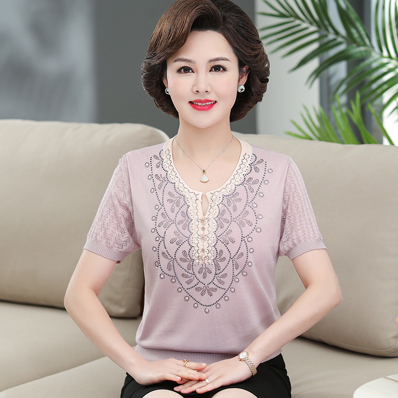 Mom's Summer Shirt, Fashionable Top, 40-50 Years Old 2024 New Middle-Aged and Elderly Women's Loose Ice Silk Short-Sleeved T-Shirt