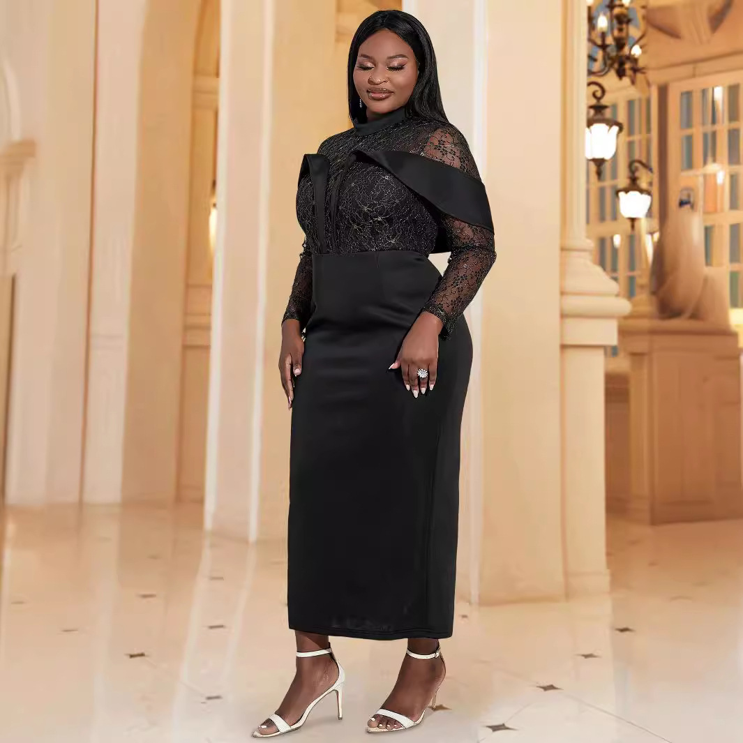 Women's Clothing plus size temperament dress spliced mesh hip wrapped slim dress birthday dress_voghion.com