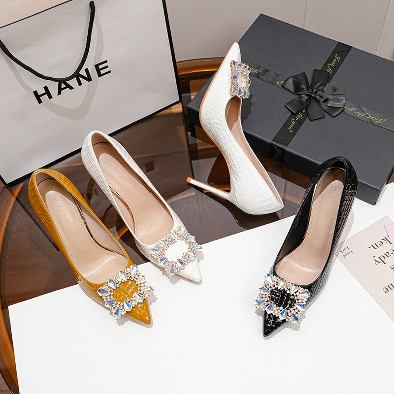 Daifa Хрустальные Квадратные Высокие каблуки со стразами квадратная пряжка Профессиональные высокие каблуки белый воротник платье OL квадратная пряжка высокие каблуки