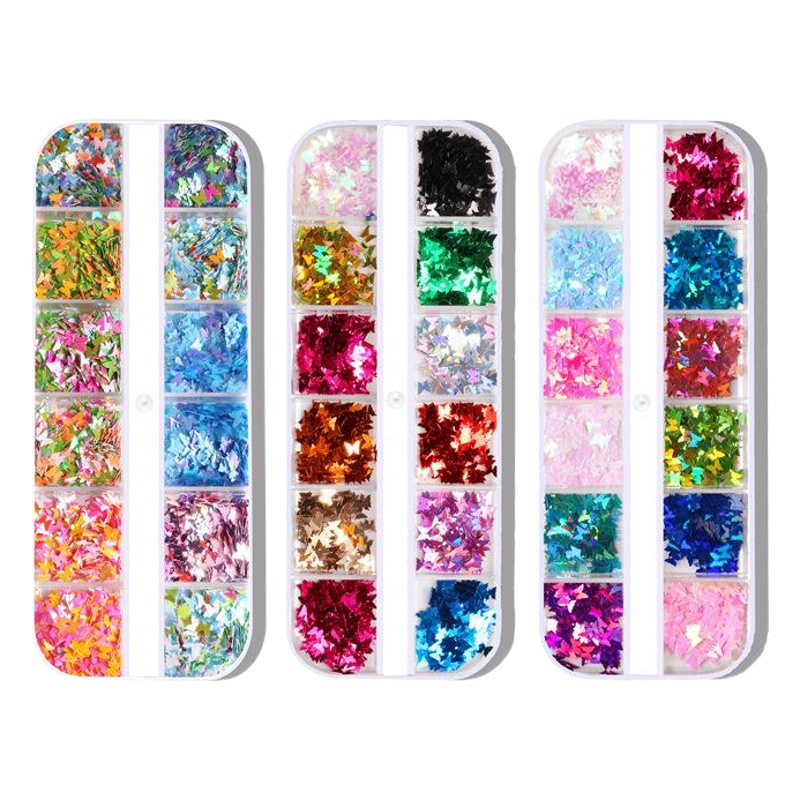Amazon Venta caliente uñas mariposa lentejuelas 12-rejilla larga caja ultrafina láser uñas lentejuelas de forma especial