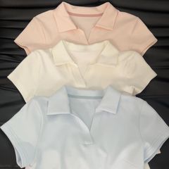 纯欲纯色正肩polo衫翻领短袖t恤女款夏季新款设计感掐腰显瘦上衣