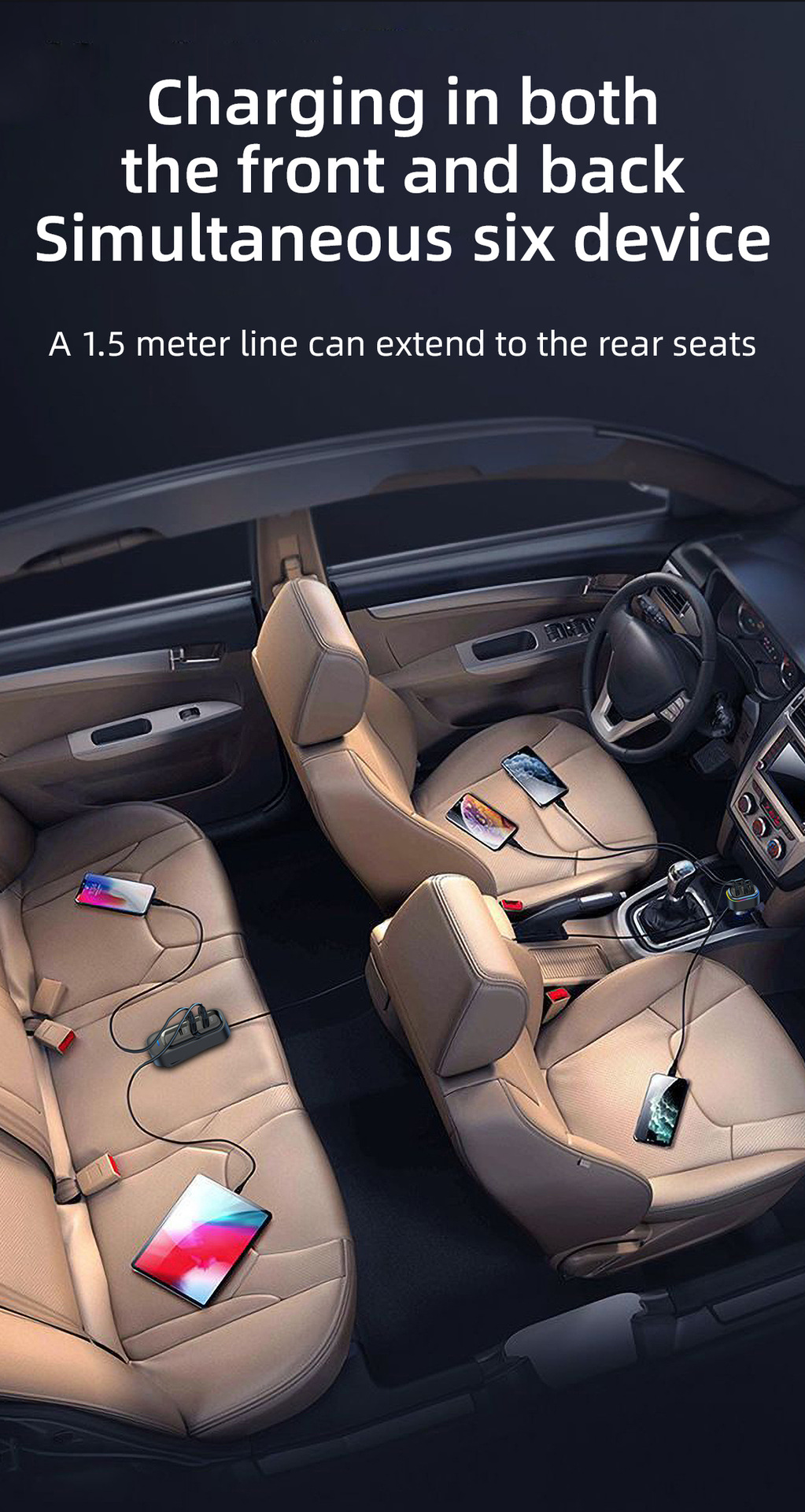 Cross-border new car usb charger snap-on car rear porous wired mobile phone 66W super fast charging