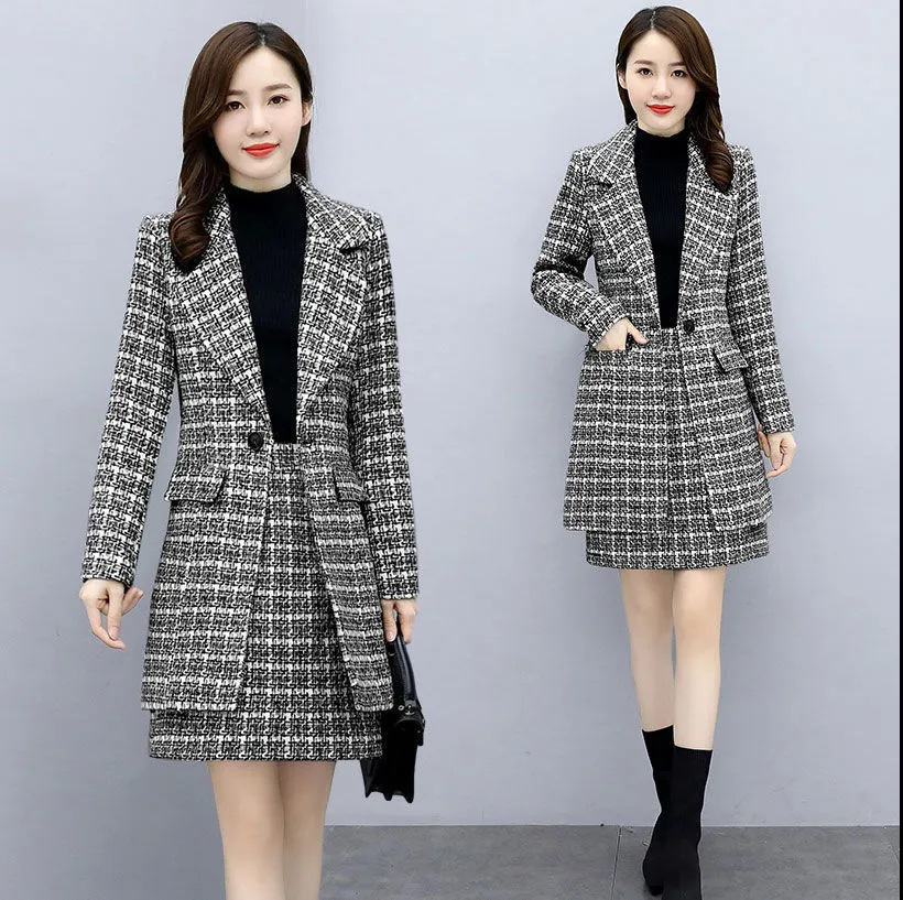 裏襯西裝領仿毛呢格子短裙兩件套女裝2023春秋季韓版洋氣職業裙潮