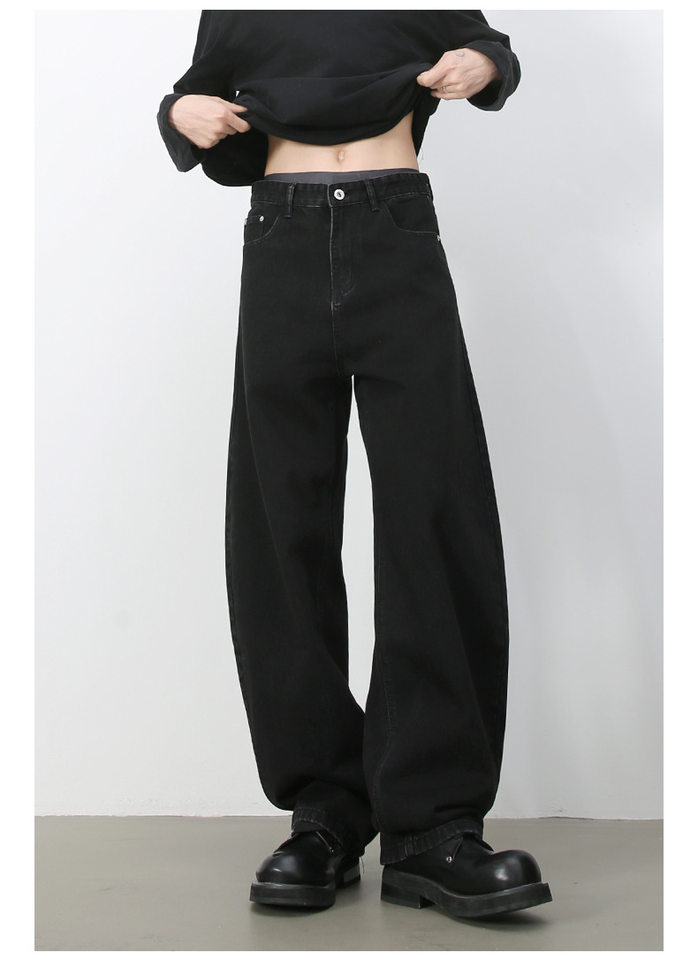 Quần jean nam ống rộng dáng suông cạp vừa phong cách đường phố — Denim đen, Làm cũ, Màu trắng, Màu xanh lam chi tiết 23