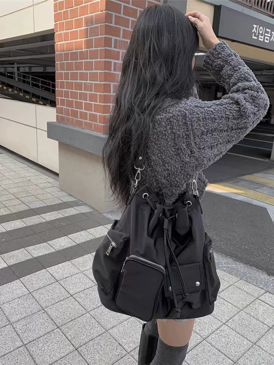 Unique Design Black Large-capacity Multi-pocket Shoulder Tote Bag, Korean Style Ins-inspired Drawstring Multi-use_voghion.com