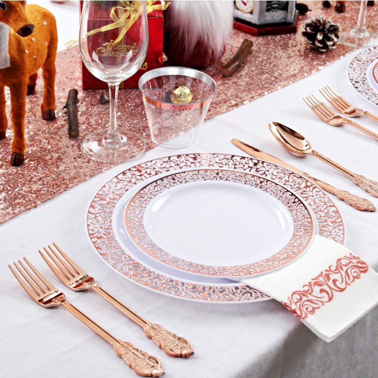 로즈 골드 속이 빈 접시 + 9 온스 컵 + 12 나이프, 포크와 스푼 + 로즈 골드 페이퍼 타월 각 25 개