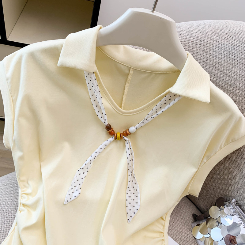 Áo thun polo nữ tay ngắn cổ bẻ kèm khăn lụa phong cách Pháp — màu trắng chi tiết 20