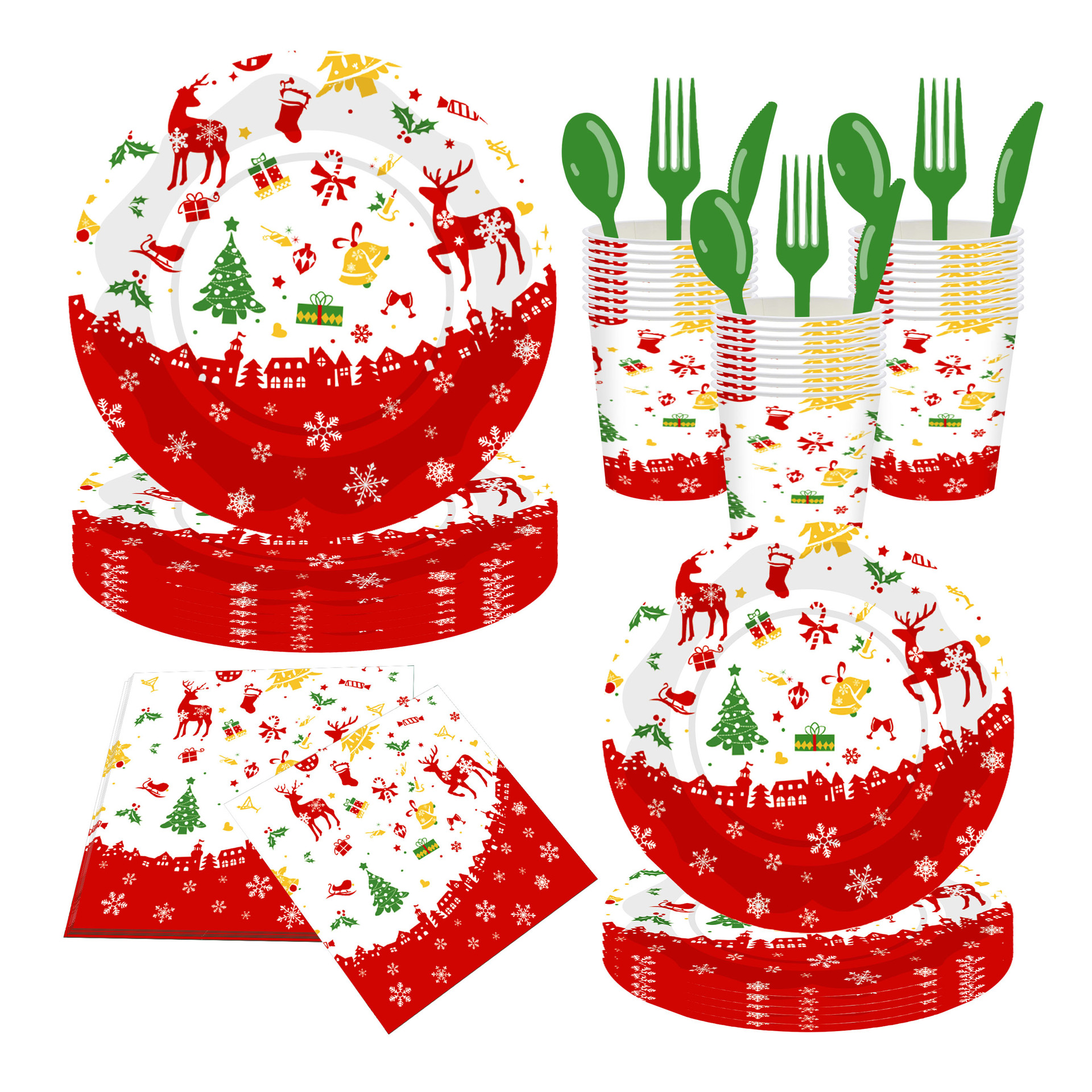 Vajilla de alce de copo de nieve impresa de dibujos animados de Navidad nueva transfronteriza, taza de papel cruda de fiesta desechable, plato de papel tisú