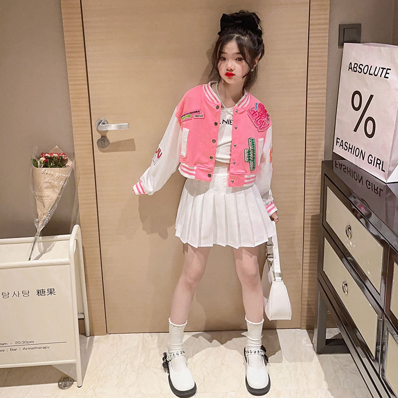 Bērnu mētelis, jauns 2023. gada beisbola jaka, divu daļu moderns korejiešu meiteņu tops un džinsi._voghion.com