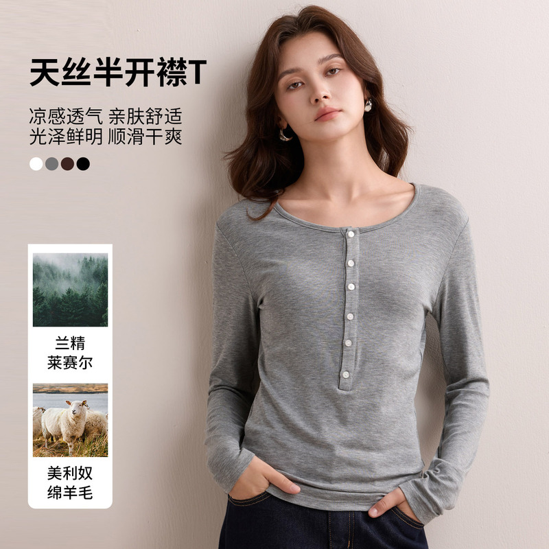 Tencel Wool Regular Shoulder Long-Sleeve T-Shirt for Women, Slim Fit, Versatile Basic Round Neck Base Shirt with Buttons