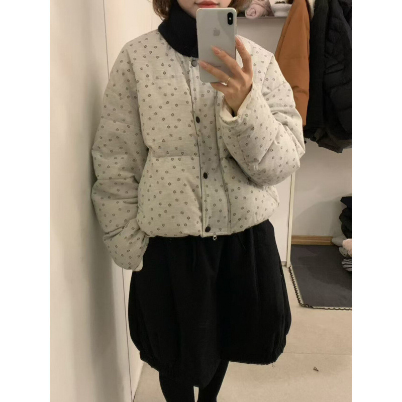 French-Style Gentle Age-Reducing Floral Stand Collar Patchwork White Duck down Jacket for Women, New Thickened Warm Coat for Winter